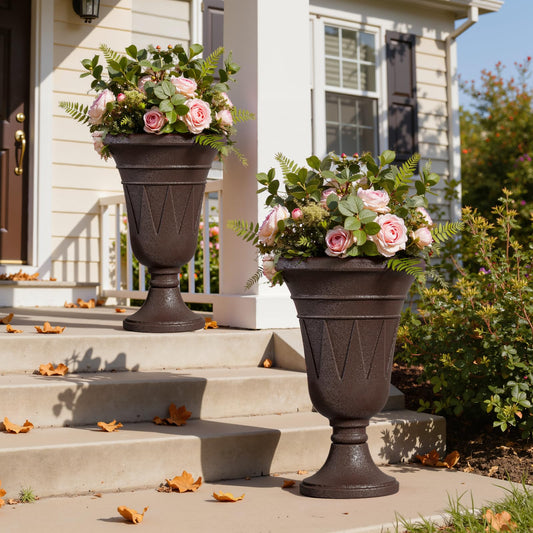 Diyfire Tall Plastic Urn Planters for Outdoor Plants Set of 2-23.6" H Classic Trophy Design Indoor Large Flower Pots with Drainage Holes, Outdoor Planters for Porch Decor/Garden Vase, Brown