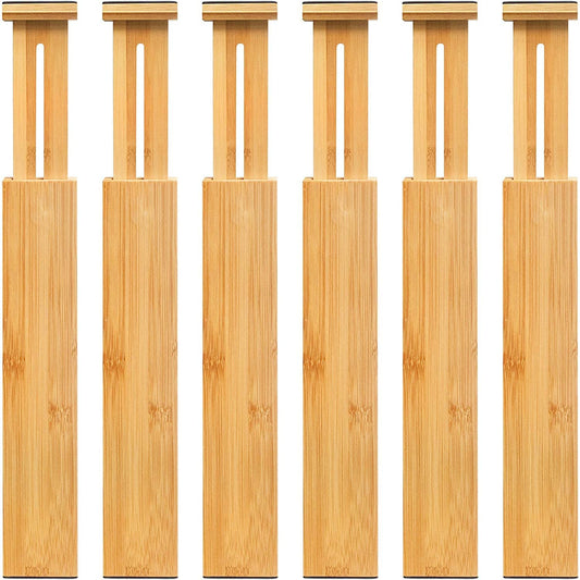VaeFae Adjustable Bamboo Drawer Dividers, Expandable Drawer Organizer for Kitchen, Bedroom, Bathroom, Dresser and Office, 6-Pack
