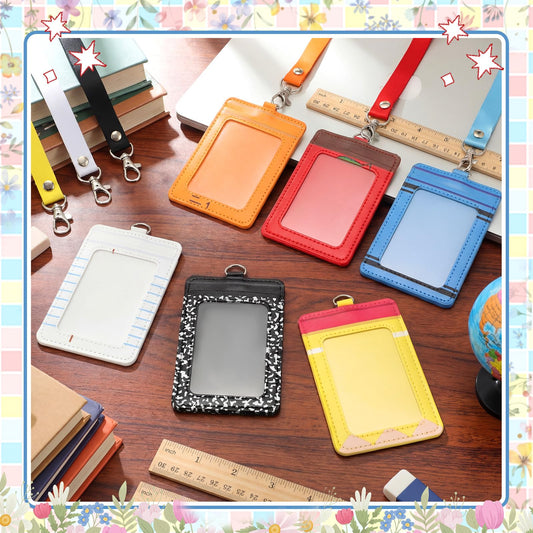 Harloon 6 Pcs Teacher ID Badge Holder with Lanyard Teacher Appreciation Gifts PU Cute Composition Notebook Pencil Crayon Apple ID Badge Holder for Teachers' Day Stuff Office Graduation Gift (Colorful)