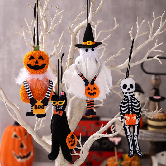 Set of 4 Halloween Tree Ornaments Black Cat Pumpkin Skeleton Ghost Hanging Decorations for Holiday Party Home Christmas Tree Decor