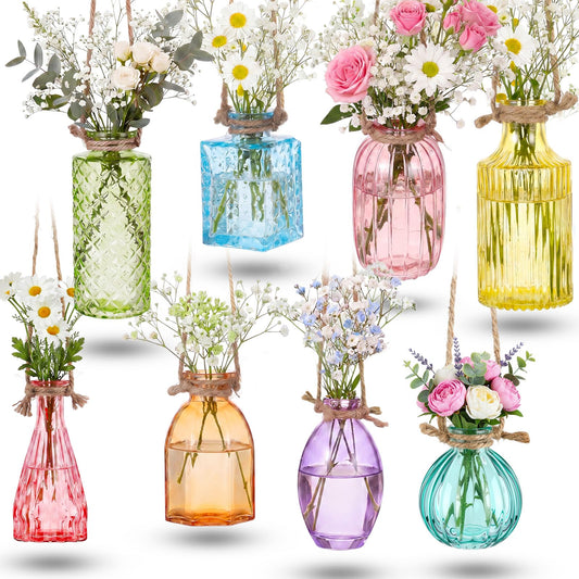 8 Pcs Stained Glass Hanging Vases Hanging Propagation Vases with Rope Glass Terrariums Hangings Plant Holders for Air Plants Flowers Hydroponic Plants Garden Home Wedding Wall Decor (Bud,Colorful)