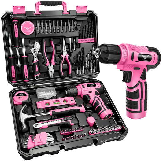 JENABOM Tool Set - 8V Cordless Drill Set, 127 Piece Home Tool Set With Hand Drill, Tool Kit for Women & Men, Perfect for Homeowner, Diyer, Handyman, Pink