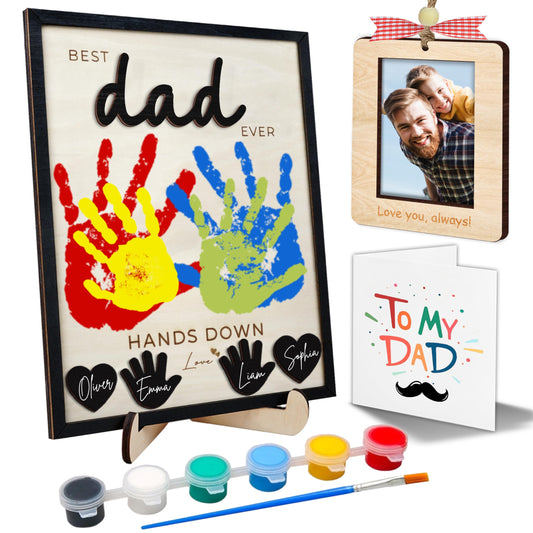 10" Best Dad Ever Hands Down Sign DIY Dad Gifts from Kids Handprint Kit with Acrylic Paint, Toddler Craft Birthday Gift Father's Day for Daddy, Papa Family Plaque with Daughter, Son Names HF90-D