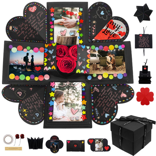 Hamiggaa Explosion Box Gifts,Surprise Creative DIY Photo,Exploding Love Box,Love Memory Photo Box with 4 Faces for Anniversary,Birthday,Valentine's Day and Wedding(Black)