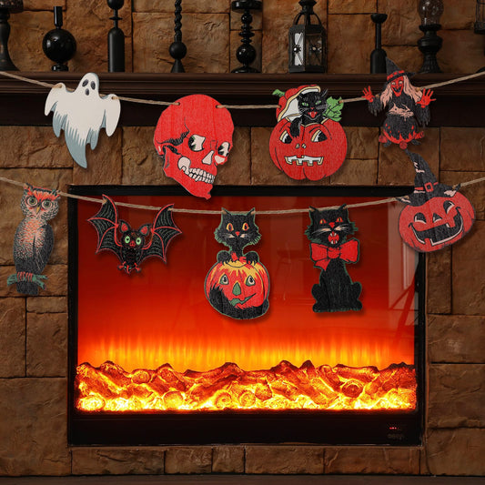 Thyle Vintage Halloween Decor Wood Banner 6.56ft Retro Hanging Banner Garland 9 Pcs Vintage Halloween Bunting Decorations Spooky Pumpkin Black Cat Horror Party Wall Home Decor(Classic Style)
