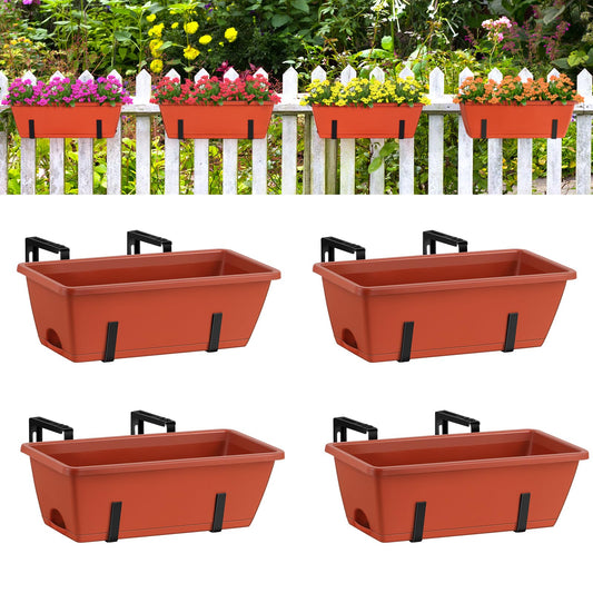 Window Boxes Planters 17’’ Railing Planter Box with Adjustable Brackets, 4 Pack Hanging Deck Railing Planters Rectangular Flower Pots for Outdoor Patio Balcony Fence