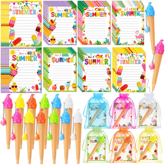 SZCECHRE 36 Pack School End Of Year Surprise Gift Sets, Ice Cream Pens Summer Sticky Notes Kit with Gift Bags & Ribbon for Pool Beach Birthday Class Parties & Student Gifts