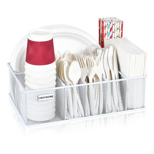 VIKEYHOME Paper Plate Organizer, Metal Silverware Caddy with 6 Compartments for Knives, Spoons, Cups, Forks, Napkins, Utensil Holder for Party, Camping, Picnic, White