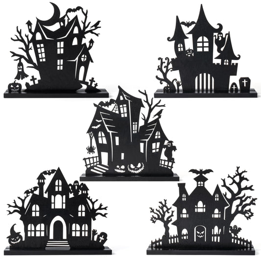 WATINC Halloween Wooden Centerpiece Decorations - 5Pcs Silhouette Haunted House Wood Tabletop Decor, Black Sketch Ghost Pumpkin Boo Detachable Tiered Tray Signs Tables Topper for Home Kitchen Party
