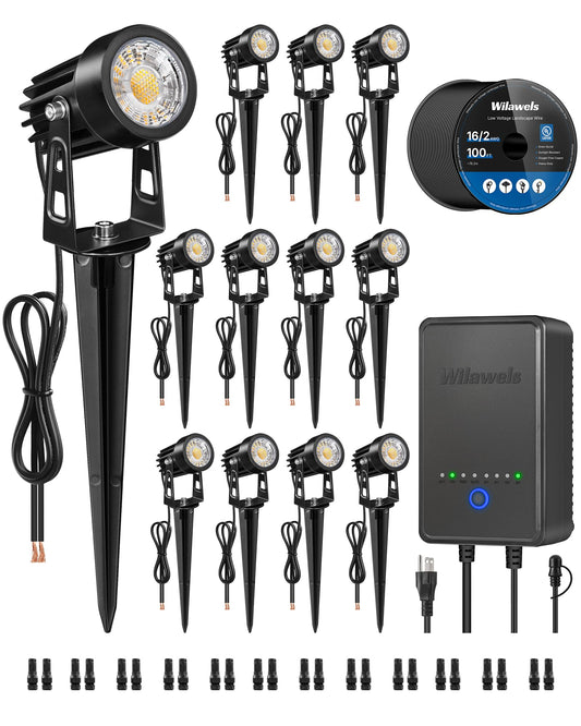 WILAWELS All-in-One LED Low Voltage Landscape Lighting Kit, 12-Pack Landscape Lights with Transformer, 100FT Wire and Connectors, 3000K Waterproof Outdoor Spotlights for Yard Garden Tree House W02LK06