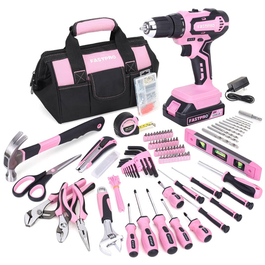 FASTPRO 232-Piece Pink Tool Set with Drill, 20V Cordless Drill Driver and Home Tool Set, Pink Drill Set for Women, Lady's Repairing Kit with 12-Inch Storage Bag, Pink