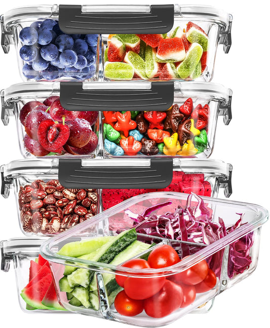 Skroam 5-Packs 36OZ Glass Airtight Food Storage Containers 3 Compartments, Meal Prep Container Set with Lids for Pantry Kitchen Organizers and Storage, BPA Free Glass Lunch Boxes Bento