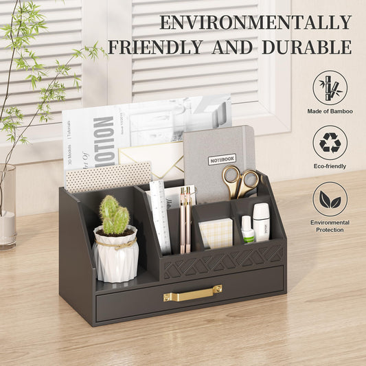 Wisuce Essentials Bamboo Desk Organizer with Drawers, Mail Organizer Countertop Wood Desk Drawer Tabletop Storage Organization Pen Holder Letter Sorter Makeup Organizer for School Home Office (Black)