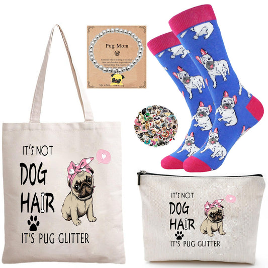 HIGHTERTON Pug Gifts for Women, 5pcs Gift Set for Dog Lovers With Reusable Bag, 50 Stickers, Ideal for Dog Moms and Pet Lovers