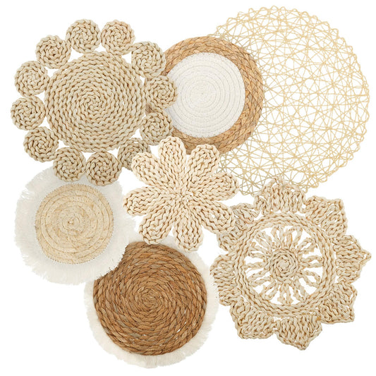 7 Pcs Boho Wall Basket Decor, Rattan Wicker Boho Wall Decor, Hanging Woven Basket Wall Decor, Round Handmade Wall Art for Living Room Bedroom Display Table Settings Home Christmas Decoration (Khaki)