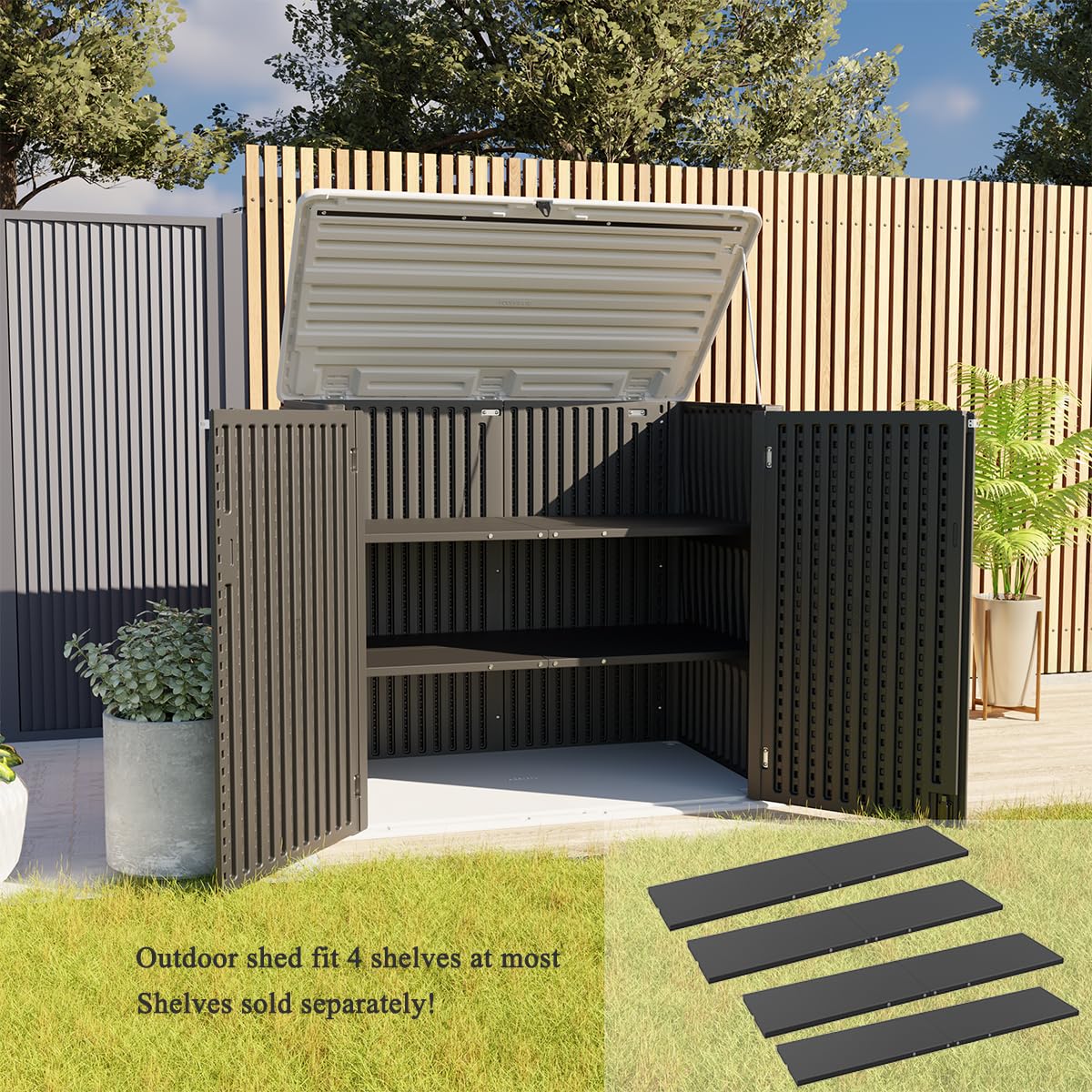 KINYING Larger Outdoor Storage Shed Weather Resistance, Resin Sheds & Outdoor Storage for Garden, Patios, Backyards, 48 Cu.Ft Tool Shed for Garbage Cans, Lawn Mower, Garden Tools,Black