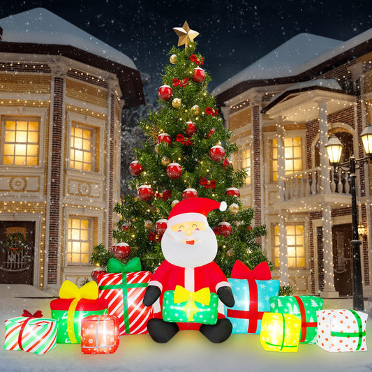 10 Ft Long Christmas Inflatable Santa Claus Giant Gift Boxes with LED Lights Santa Claus Gift Inflatable Decoration Built in Automatic Blowers for Xmas Outdoor Indoor Yard Garden