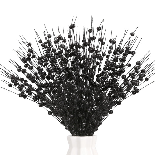 Megoogo 12 PCS Artificial Glitter Berry, Black Glitter Picks Artificial Berries Stems for Christmas Ornaments Fake Stem Decorative Sticks for Vases Tall DIY Wreath Halloween Decor