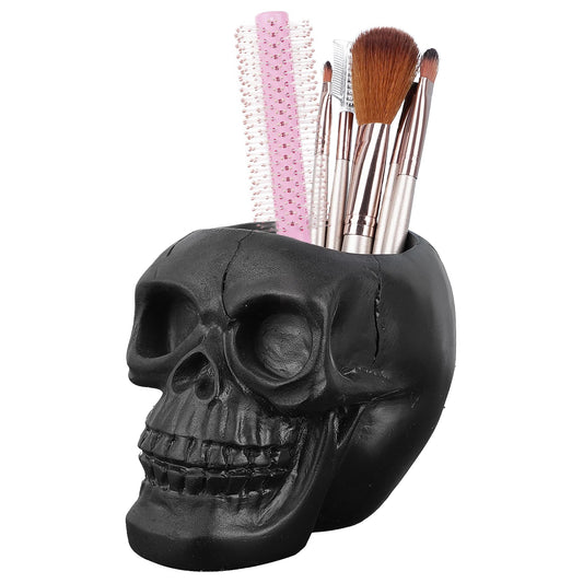 Philo Fun Black Skull Makeup Brush Holder, Skull Head Pen and Pencil Holder, Goth Skull Decor Desktop Organizer for Office Vanity Dresser Bathroom