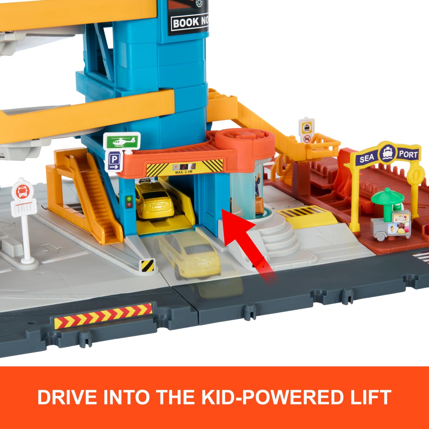 Matchbox Toy Vehicles & Playset, Transportation Center with 5 Levels, Kid& Car-Activated Features, Includes 1:64 Scale Taxi, Boat & Helicopter & Food Vendor Accessory