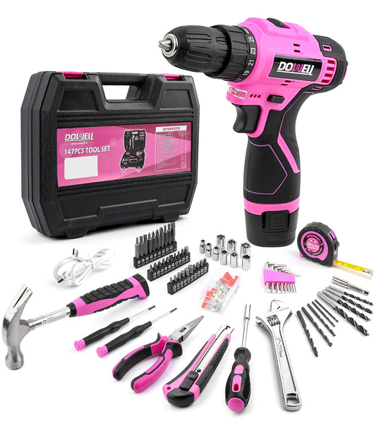 DOWELL 147 Pcs Pink Tool Kit with 12V Cordless Drill with 3/8" Keyless Chuck for Women, Home, Men, Built-in LED, Type-C Charge Cable