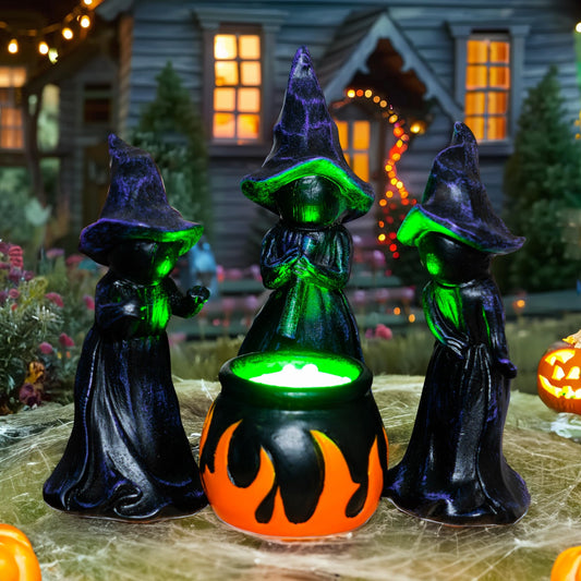 NEROSUN 4 PCS Halloween Miniature Witches Cauldron Figurine Table Decoration, Resin Scary Witches Lighted up Cauldron, Halloween Festival Supplies Indoor Outdoor Shelf Fireplace Home Decor