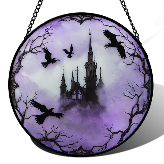 CRISGIF Stained Glass Window Hanging - Halloween Gothic Castle Purple Smoke Suncatcher for Doors Garden Home Spooky Crow Sun Catchers Gothic Decor Horror Gift for Women Men Friend Boy Girl 9.8 in