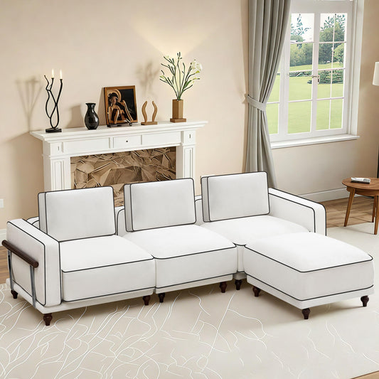 112" 3 Seater Cloud Couch with Ottoman,Modular Sectional L Shaped Sofa with Armrests Wooden Legs,Oversized Deep Seat Comfy Thicked Cushion Upholstered Sofa for Living Room Bedroom,White