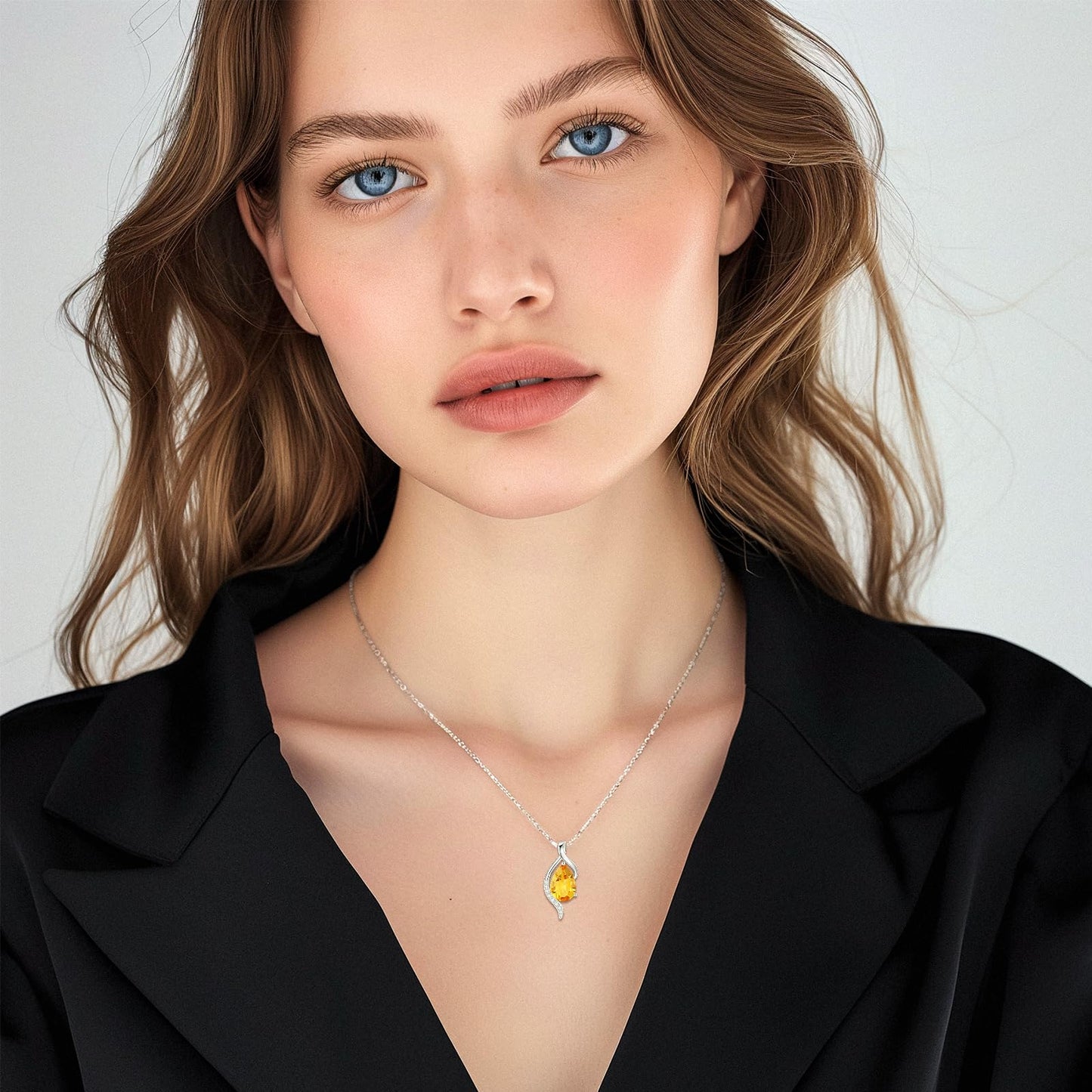 FANCIME November Birthstone Necklace for Women Teardrop Citrine Necklace S925 Sterling Silver Gentle Love Birthday Gifts for Mom Women, 16"+2" Inches