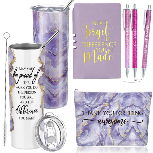 Domensi 6 Pcs Employee Appreciation Gift Set for Women Female Thank You Gift May You Be Proud 20 oz Rustic Marble Sign Tumbler Makeup Bag Journal for Nurse Lady Work Business(Purple)