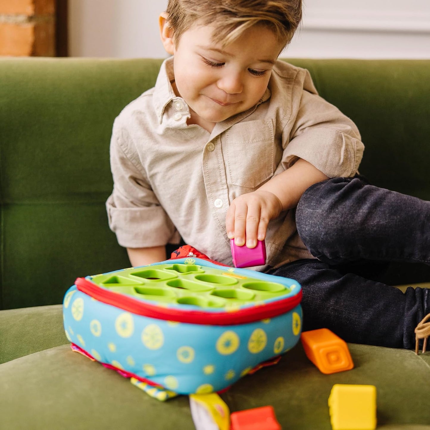 Melissa & Doug K's Kids Take-Along Shape Sorter Baby Toy with 2-Sided Activity Bag and 9 Textured Shape Blocks