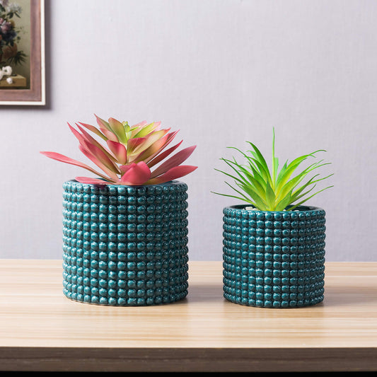 MyGift 6-Inch and 4.50-Inch Ceramic Round Planter Pots, Set of 2 Vintage-Style Turquoise Hobnail Succulent & Flower Containers