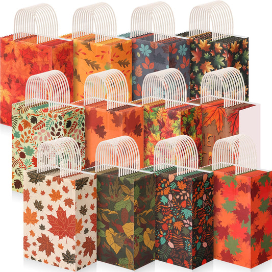 Tenceur 24 Pcs Fall Gift Bags Bulk Kraft Paper Orange Gift Bags Maple Leaf Elements Goody Candy Treat Pouches with Handles for Thanksgiving Autumn Wedding Birthday Party Favors