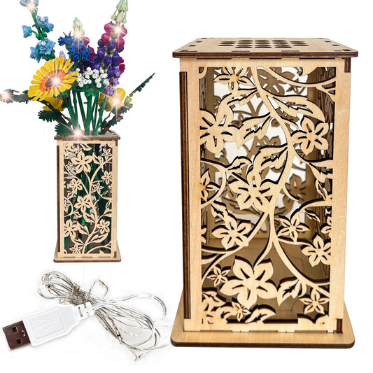 Wooden Vase for Lego Flowers, Display Stand for Lego Flower, Cool Artistic Carving Vase with Hollow Flower Pattern for Flower Lovers (Wood)
