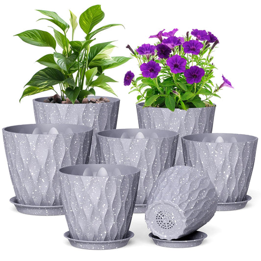 Meowell 7/6.5/6/5.5/5/4.5/4 inch Plant Pots for Indoor Outdoor Plants, 7 Pack Thick Flower Pots with Drainage Holes and Saucers, Modern Wave Texture Plastic Planters Nursery Pots, Speckled Grey