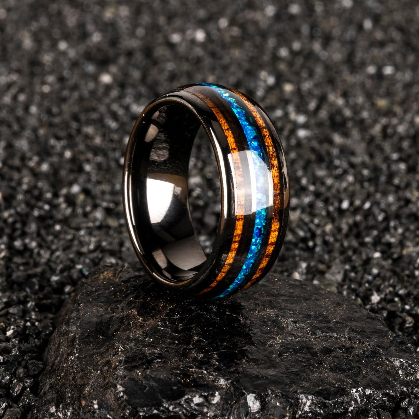 JEWPER 8mm Men Womens Wedding Band Tungsten Rings dark gun black Fashion Promise Carbide Inlaid blue opal koa Matte Finish Edge Comfort Fit Size(9)