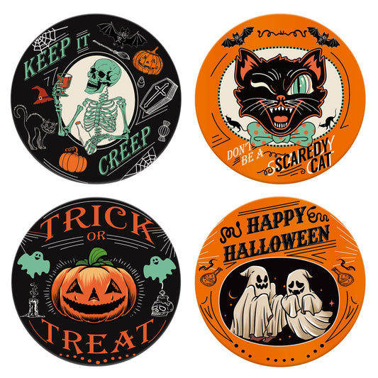 JarThenaAMCS 4Pcs Halloween Coaster with Holder Pumpkin Ghost Black Cat Skeleton Anti Slip Drink Coasters Black Orange Green Absorbent Ceramic Coasters for Home Decor Table Protection