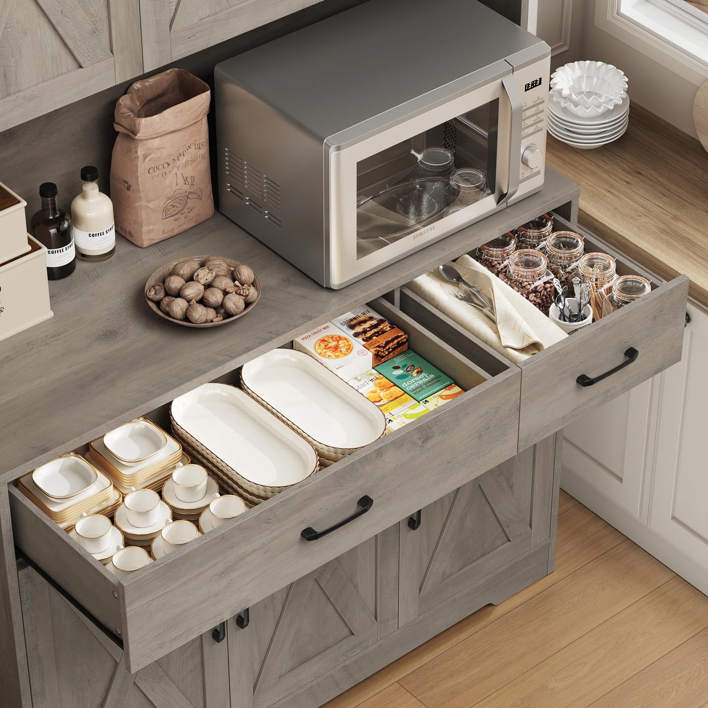HOSTACK 71" Pantry Cabinet with Charging Station, Tall Kitchen Pantry Storage Cabinet with Microwave Stand, Farmhouse Kitchen Hutch with Storage Drawers for Living Room, Dining Room, Ash Grey