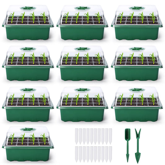 Delxo 10-Pack Seed Starter Kit Seedling Starter Tray (12 Cells) Humidity Adjustable Plant Germination Kit Garden Seed Starting Tray with Dome and Green Base Plus Plant Tags Hand Tool Kit