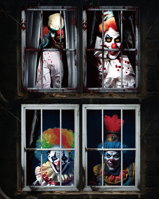 Patelai 4 Pcs Scary Halloween Ghost Curtain Halloween Window Silhouette Decoration Horror Window Door Cover Spooky Poster Screen for Indoor Outdoor Party Decor(Clown Killer)