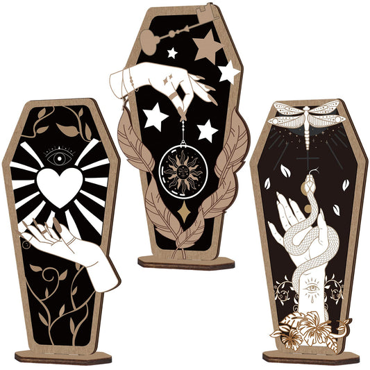 3-Piece Gothic Home Decor: Witch Hand Wooden Coffin Sign, Spooky Hands Stars Hearts Table Desk Accessories for Halloween Party Supplies