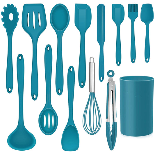 LIANYU 14 Pcs Cooking Utensils Set with Holder, Heat Resistant Silicone Kitchen Cookware Utensils Set, Kitchen Cooking Tools Includes Spatula Spoon Turner Whisk Tong, Dishwasher safe, Dark Blue