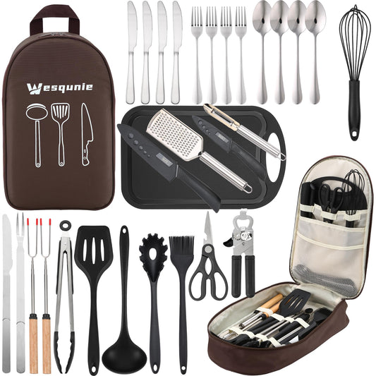 Wesqunie Camping Cookware Cooking Utensils Set - 30Pcs Camp Kitchen Essentials Set, Portable Outdoor Camper Gear Accessories, Stainless Steel & Silicone, Overland Equipment for RV Picnic Grill