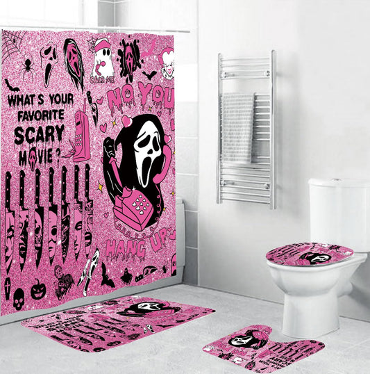 ONIBOGO 4Pcs Halloween Shower Curtain Set Gothic Pink Scary Shower Curtain Set for Halloween Bathroom Decor with Anti-Slip Waterproof Bathtub Bathroom Rugs Toilet Lid Cover
