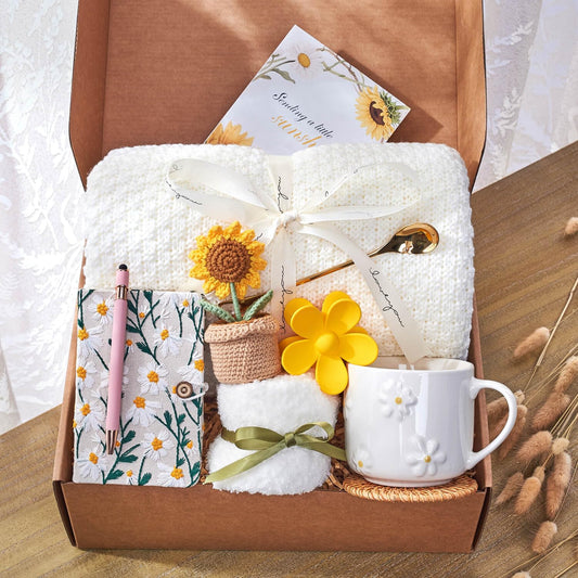 GivLovely Thinking of You Gifts for Women & Cozy Self Care Gift Box | Get Well, Birthday | Sunflower Themed Care Package | A Sending Sunshine Hug in a Box