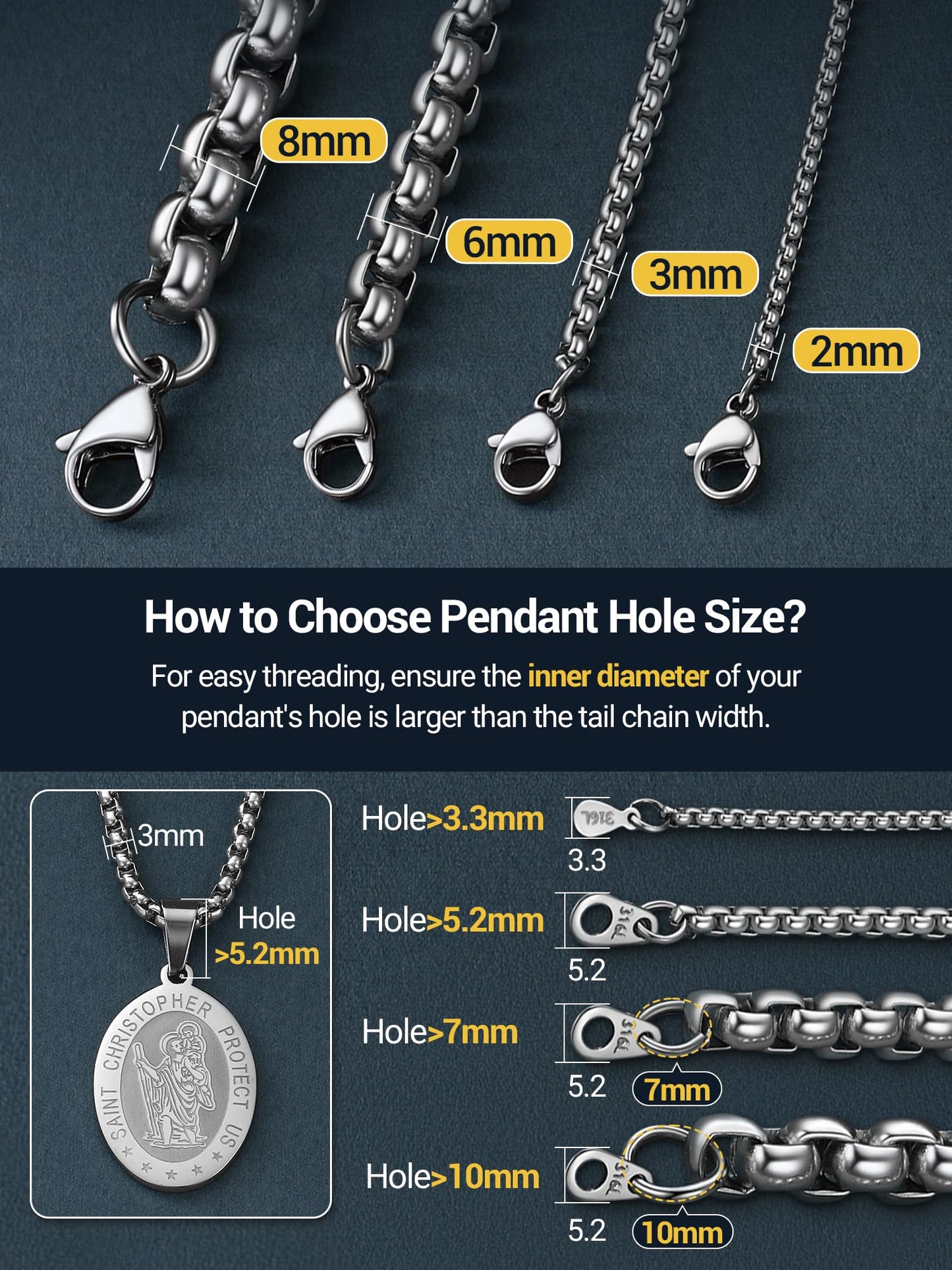 PROSTEEL Squre Rolo Link Chains, Stainless Steel Chain Necklace Waterproof & Strong Lobster Clasp 6mm Link Chains for Men and Women Jewelry with Gift Box 30in