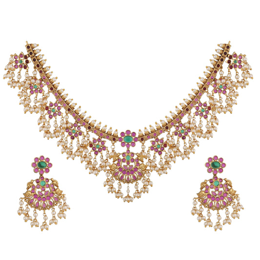TARINIKA Gold Plated Brass Classic Pearls Guttapusalu Antique Necklace Set for Women With Earrings, Indian Jewelry Set Bollywood Necklace, CZ Stones(White,Red,Green) | 1-Year Warranty*