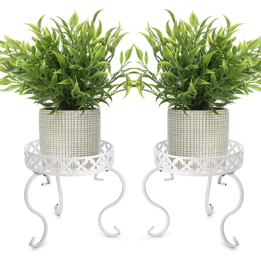 OwnMy Set of 2 Metal Round Plant Stand Rustproof Iron Flower Pot Holder, Modern Plant Display Potted Rack, Indoor Outdoor Plant Stand Heavy Duty Plant Holder for Home, Garden, Plant Lovers (White)