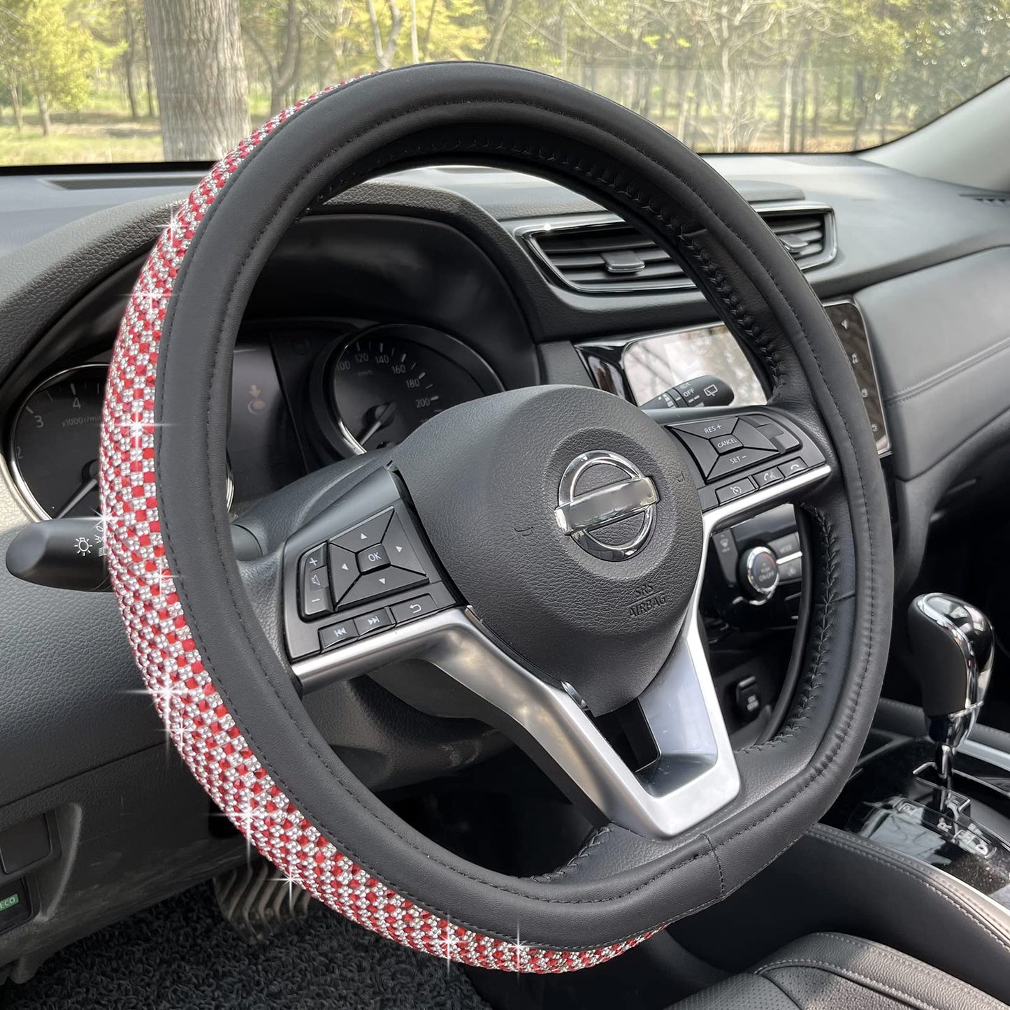 PINCTROT Bling Bling Comfy Steering Wheel Cover with Jumbo Crystal Rhinestones, Anti-Slip Diamond Leather, Universal 14.5-15 Inch (Pink)