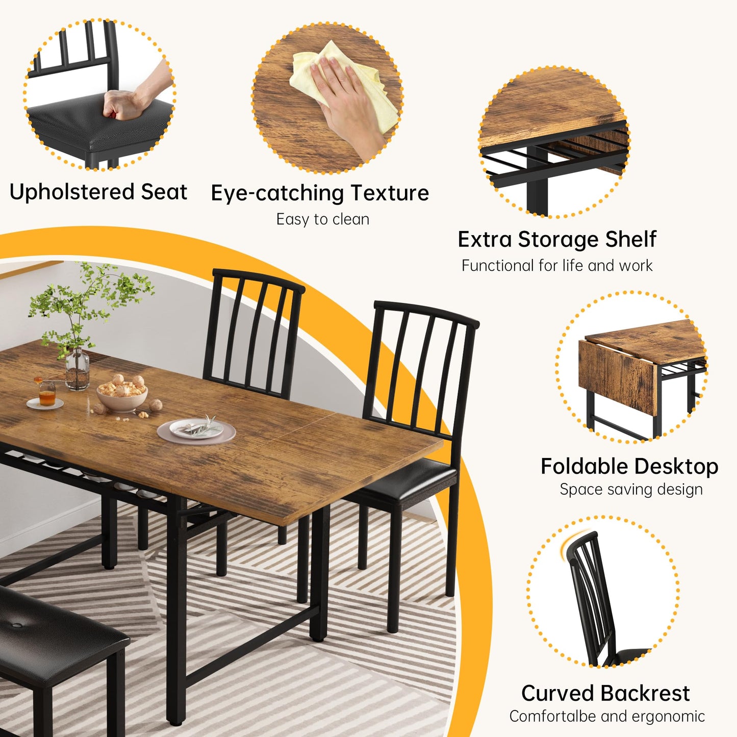 Lamerge 4-Piece Dining Table Set for 3-6 People, 63" Extendable Kitchen Table Set with 1 Bench and 2 Backrest Chairs, Faux Wood Table Square Dining Table Set with Drop Leaf for Small Space